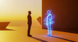 © Stock Steps - A black silhouette of a businessman standing in profile facing his digital twin, a glowing blue wireframe hologram in a futuristic, golden abstract space