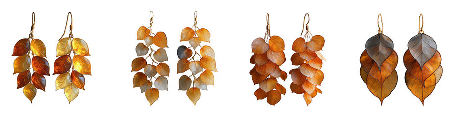A set of four pairs of unique leafshaped earrings in autumnal colors, meticulously arranged isolated on transparent background