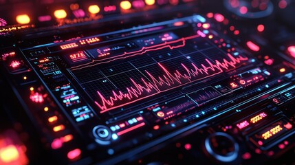 Lit dashboard with glowing graphs and buttons in a dark setting