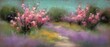© Watcharaporn - Vibrant impressionist landscape painting of blooming pink sp trees along a winding dirt path with colorful flowers and lush greenery