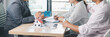 © doidam10 - Panorama view of business meeting with miniature house model on desk, real estate contract signing, property investment, mortgage loan agreement and financial planning concept. mortgage loan agreement