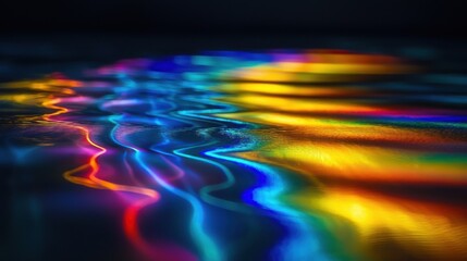 Laser interference diffraction patterns colorful light beams creating vibrant rainbow spectrum waves across reflective surface with optical physics display