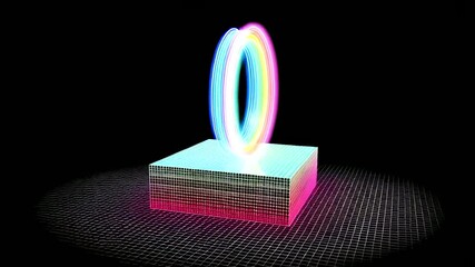 A glowing, multi-colored circular form sits atop a geometric structure made of squares. Both are placed on a gridded platform. The background is a stark black