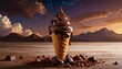 © SnapGlint - Double scoop chocolate ice cream cone with syrup and shavings—waffle cone and sunset street scene evoke indulgence, warmth, and urban delight in minimalist dessert moment composition.