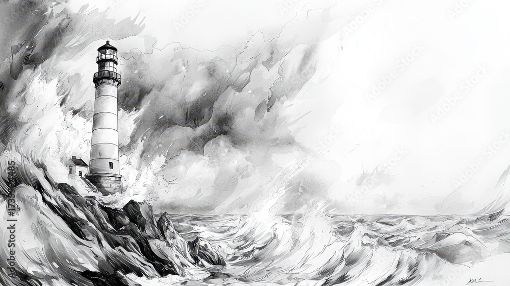 Dramatic lighthouse stands tall against turbulent waves and stormy skies, showcasing power of nature in monochromatic pencil sketch