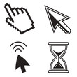 © MDAhad - Collection of four computer cursor icons: a pixelated hand, a stylized arrow, an arrow with radiating signals, and an hourglass timer on a white background