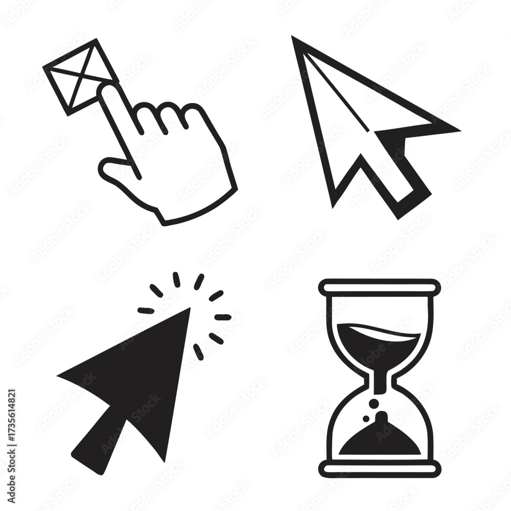 Vetor Four black and white computer cursor icons including a hand ...