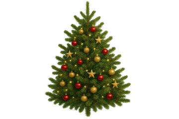 Wall Mural - Christmas tree decorating annual holiday festivities, displaying ornaments, lights, and golden stars on transparent background