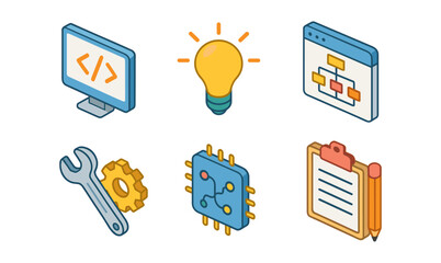Tech icons collection: development, coding, and innovation in modern isometric design