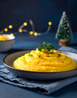© gits - Creamy polenta in a bowl, garnished with herbs, with a Christmas tree in the background.