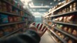 © imagemir - A close-up of a reaching hand against a blurred grocery aisle filled with colorful snack products.