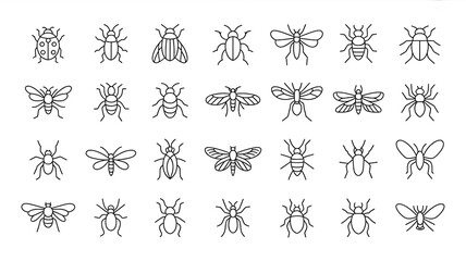 “Minimalist black-and-white line drawings, 30 insect silhouettes in grid, precise outlines, symmetrical, monochromatic composition