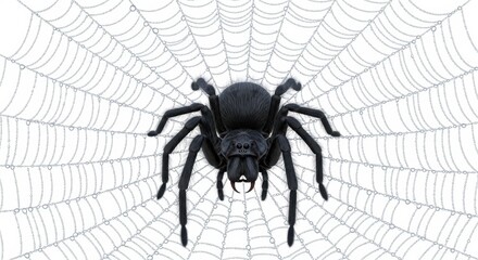 Black spider on web illustration showing arachnid details and web structure