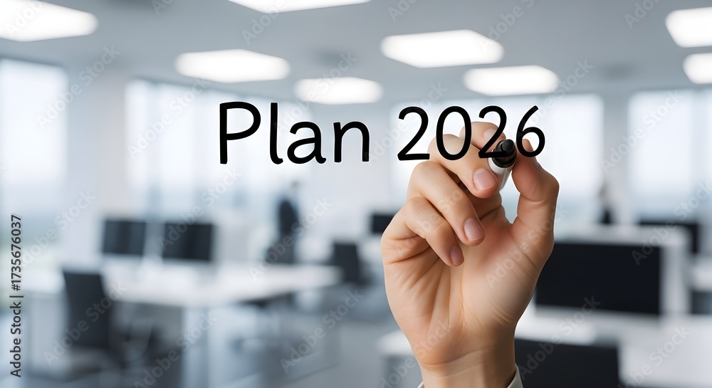 Plan 2026 written on glass in an office setting. Stock Photo | Adobe Stock