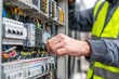 © farisky - Electrician working inside electrical panel, wiring, safety vest, and hands on components