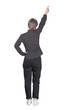 © 1STunningART - Rear view full length portrait young woman pointing finger up, hand raised showing or celebrating. Business female isolated on transparent background