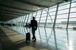 © Hnaistock - Silhouette of a lone traveler with a suitcase standing in a modern airport terminal with large glass windows reflecting the sky and light