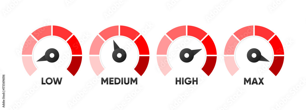 Speedometer icon. Low, medium, high and max speed. Fast internet ...