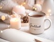 © Monika - Autumn or winter arrangement in shades of white and brown with a cup of coffee or tea, spices, a woolen blanket, candles, lamps, and a jug
