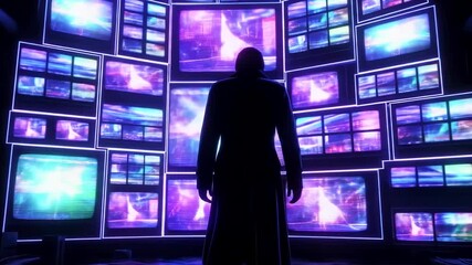 A silhouette of a person stands before a mesmerizing array of vibrant, pulsating screens