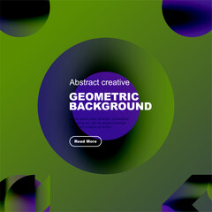 Wall Mural - Vibrant geometric background features overlapping circles, text, button. Modern design utilizes purple, green hues. Simple, clean aesthetic.