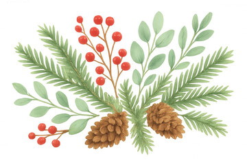 Wall Mural - Festive watercolor winter composition featuring pine branches, red berries, pine cones, and green foliage on transparent background
