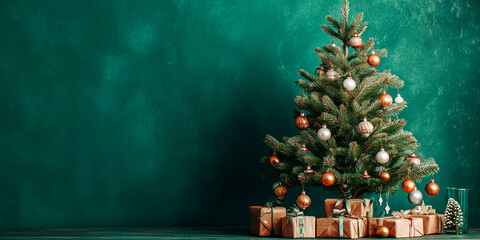 Wall Mural - christmas tree with presents on green holiday background