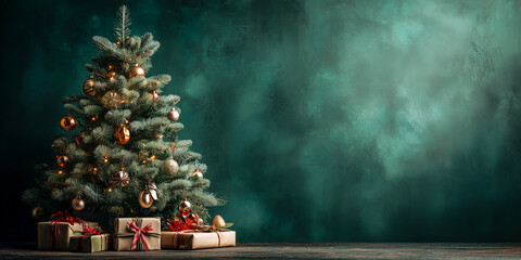 Wall Mural - christmas tree with presents on green holiday background