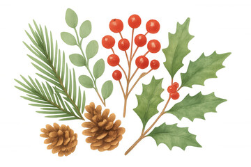 Wall Mural - Christmas winter holiday foliage watercolor elements set with pinecone, holly, berries, mistletoe, and pine branch on transparent background