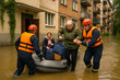 © Nataliia - Rescue team evacuating people with belongings from apartment building by boat during flood.