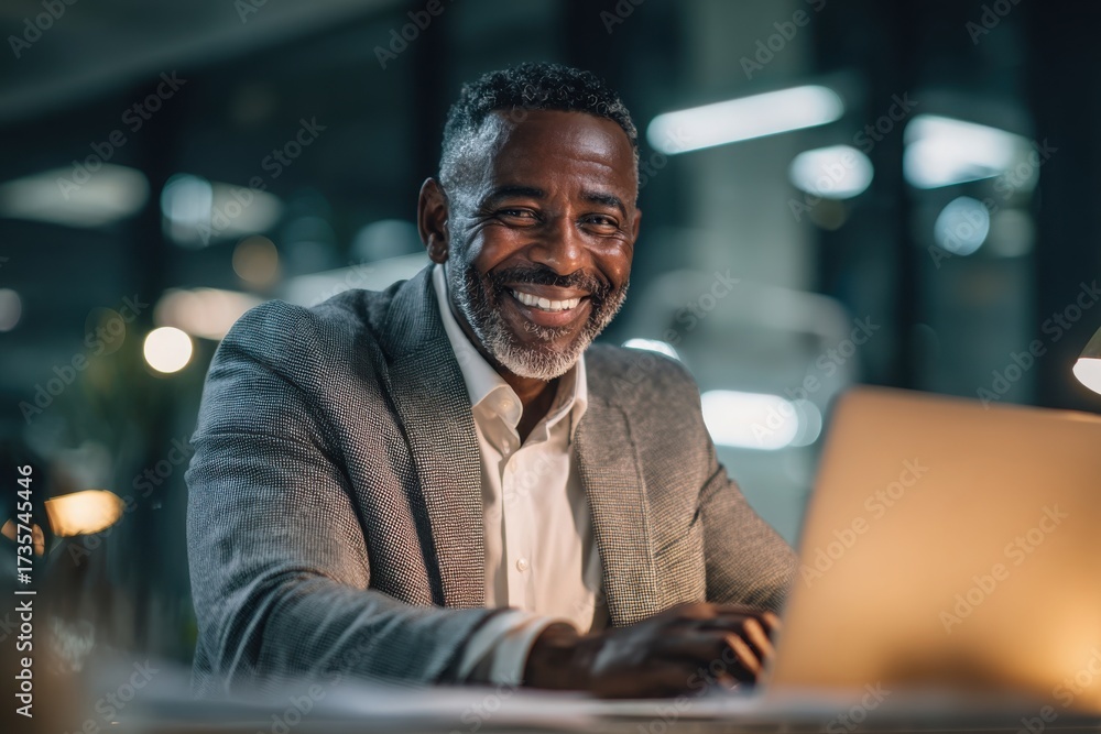 smiling young man working on a laptop in the office handsome, mature male businessman smiling while using his computer at his work desk.