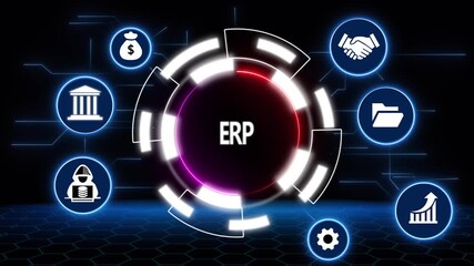 ERP concept with icons for business finance and technology on a digital background enterprise resource planning