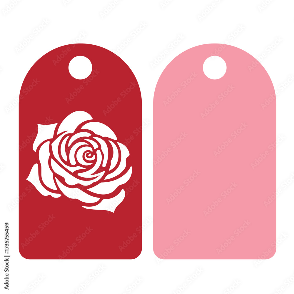 Two gift tags one red with a white rose and the other pink hanging side ...