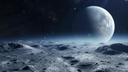 Wall Mural - A breathtaking lunar landscape with a distant planet in view. Wide-angle shot captures the vast, cratered surface under a starry sky, ideal for a sci-fi video. Live desktop wallpaper.