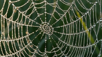 Macro View of a Delicate Spiderweb Covered in Glistening Dew Drops Shimmering in Morning Light