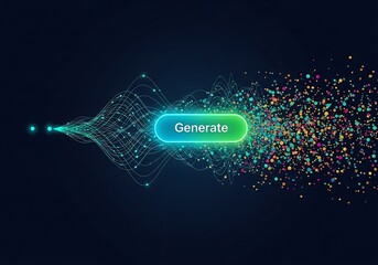 A glowing generate button with particles flowing from it, creating a dynamic and futuristic visual effect