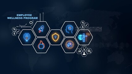 Digital illustration of global employee wellness program on background, social network icons ,Beautiful motion waving dots map texture with glowing defocused particles 4k video.