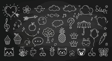 Line cute element set. Hand drawn scribble heart, arrow, flower and cloud elements on chalkboard background. Doodle sketch heart, star, cloud cartoon sticker shapes. Vector illustration