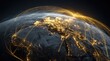 © James - Global network of connections.  Earth's surface, lit with city lights, is encircled by a network of golden lines, suggesting global air travel routes