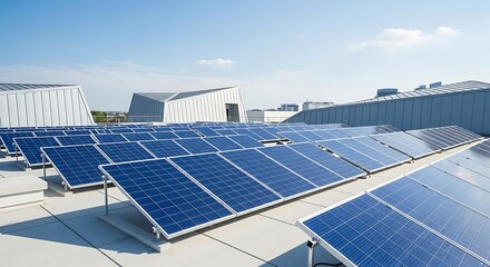Solar panels installed on a rooftop under a bright blue sky