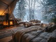 © ai_katrin - Interior of winter glamping dome with panoramic window, snowy forest outside