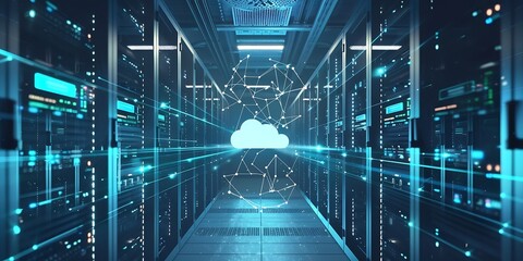 Futuristic digital cloud network in a high-tech data center with glowing lights