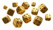 © VividMint - Five golden dice with black dots suspended mid-air, each showing different numbers—1, 3, 4, 5—against neutral background, dynamic motion and luxury tone evoke gaming, chance, and probability.