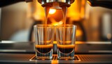 Two shots of rich, dark espresso being brewed simultaneously in clear glasses from a professional coffee machine.