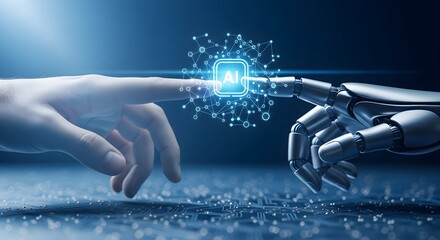 Human and Robot Hand Touching AI Symbol Artificial Intelligence and Technology Connection