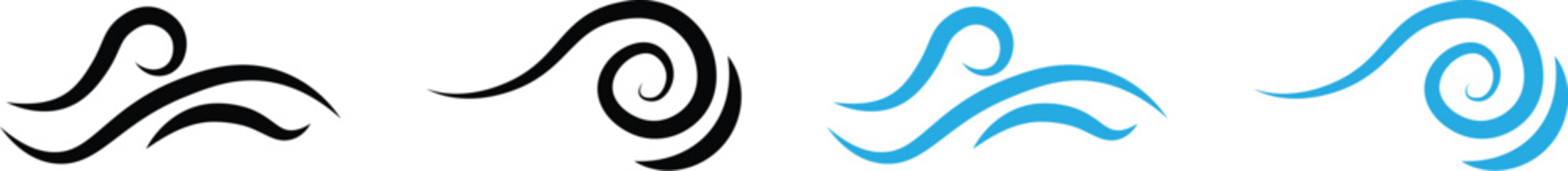 Wind air line effect in doodle style. Wind blow line icon set. sea wave icon, wind blowing icon. Blue and black hand drawn wind swirls and gusts. Decorative breeze symbols for weather, nature, and cli