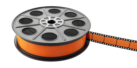 Vintage film reel with orange film isolated on transparent background