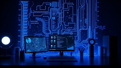 Technical workspace concept featuring abstract digital elements in cool blue tones.