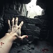 © Ruwin - A hand reaching out from a hole in a brick wall with blood stains