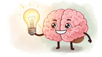 Brain think, light bulb as idea and doubt over question, cute child character. Happy brain learn and finds solution. Seek answer. Watercolor illustration
